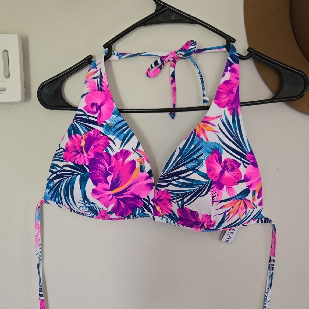Floral Bikini Top with Pink and Blue Accents